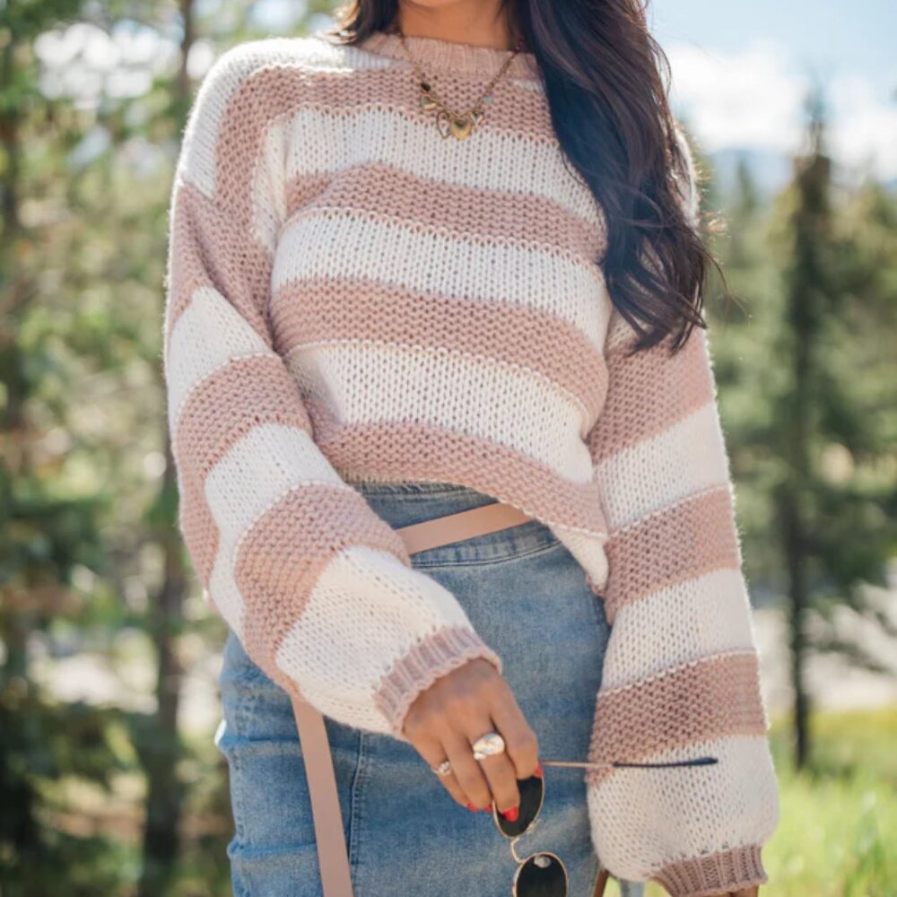 Pink Lily Mocha / Tan & Cream Striped Knit Sweater Large